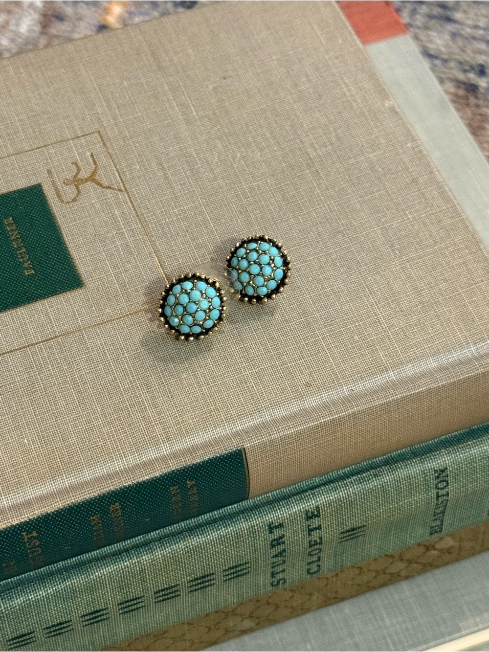 Vintage Pavé Turquoise Blue Cluster Dome Stud Earrings Gold Tone ½”